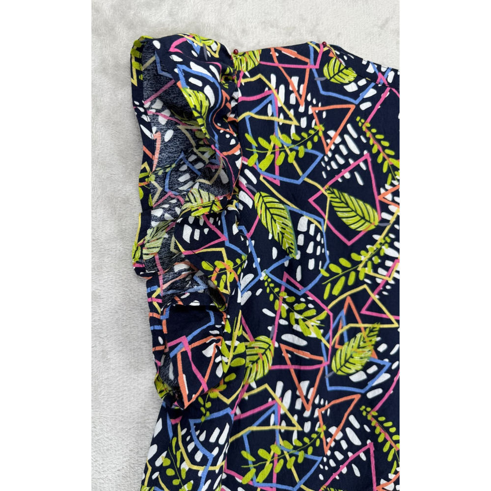 THML Dress Medium Navy Geometric Leaf Print Ruffle Sleeve Shift Dress Boho - Picture 5 of 7